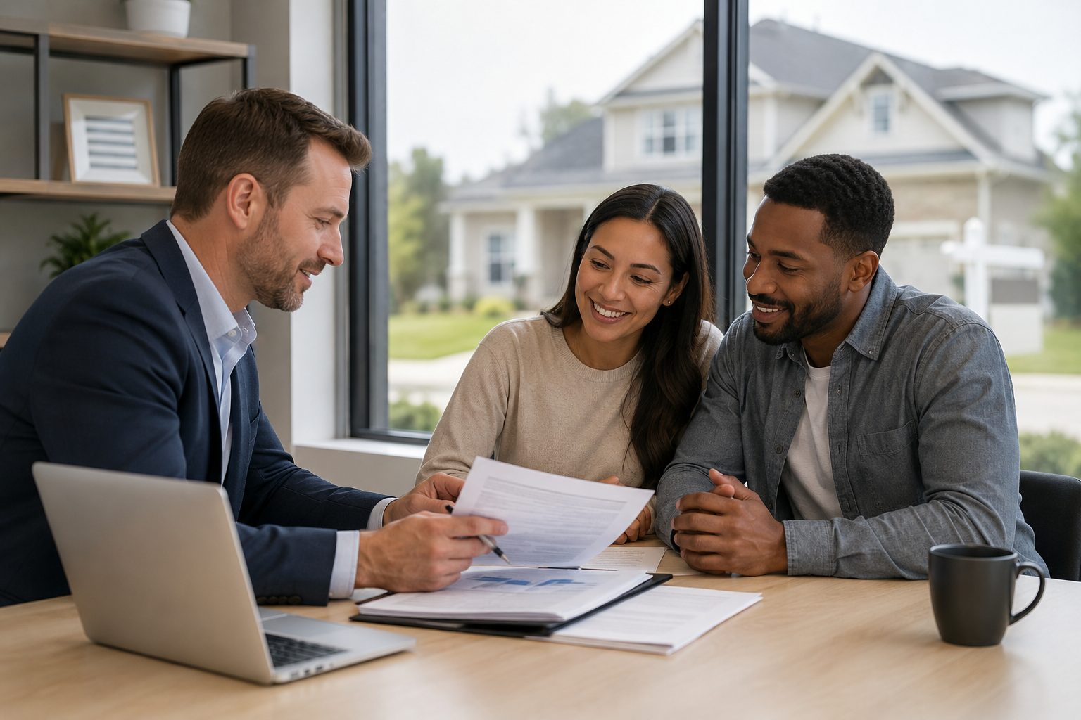 A man in a suit shows documents to a smiling couple at a desk with a laptop, binder, and coffee cup, with a suburban house visible through the window.
