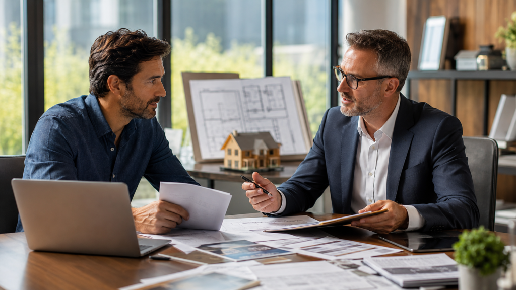 Two men sit at a wooden table discussing plans, surrounded by laptops and papers. Architectural blueprints and a model house are visible, conveying focus and collaboration.