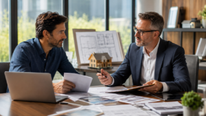 Two men sit at a wooden table discussing plans, surrounded by laptops and papers. Architectural blueprints and a model house are visible, conveying focus and collaboration.
