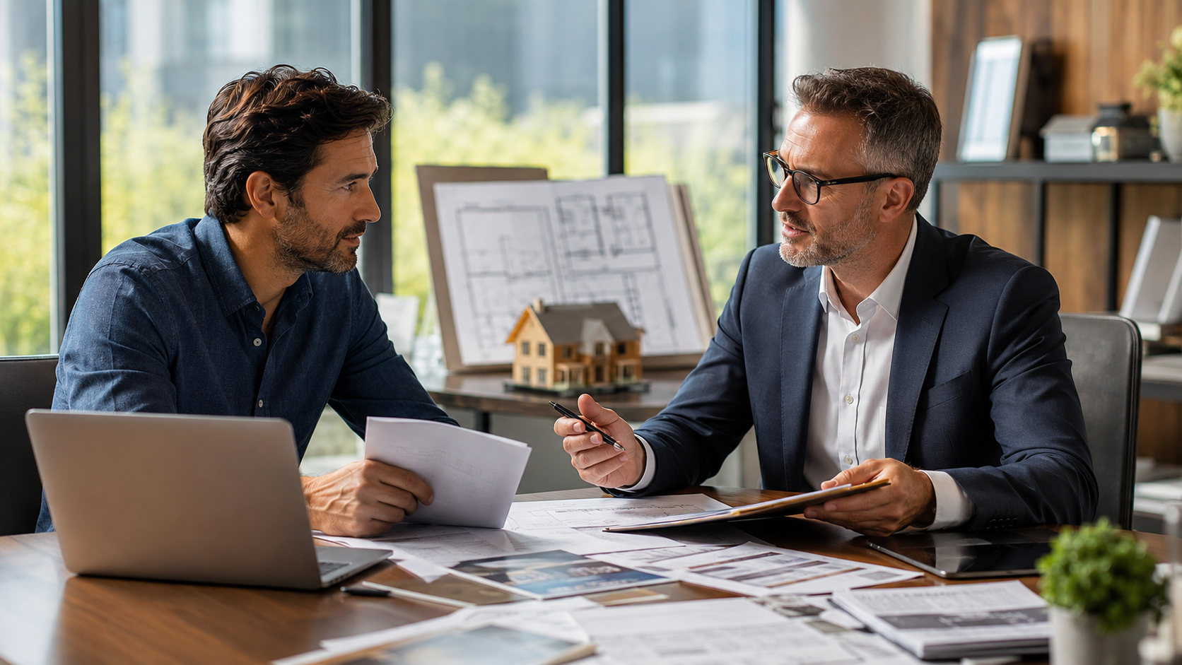 Two men sit at a wooden table discussing plans, surrounded by laptops and papers. Architectural blueprints and a model house are visible, conveying focus and collaboration.