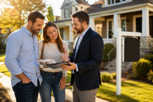 A couple looks at a tablet held by a real estate agent in front of a suburban house with a "for sale" sign. They appear engaged and optimistic.