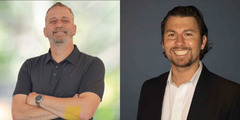Two smiling men pose side by side in portraits: one in a dark polo with folded arms, the other in a black suit and white shirt.